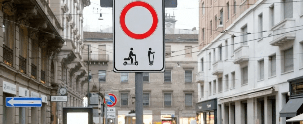 cartello di divieto di transito per monopattini elettrici in una strada di Milano