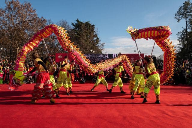 Foto della parata del dragone cinese, mentre si esibiscono 8 artisti su un tappeto rosso.